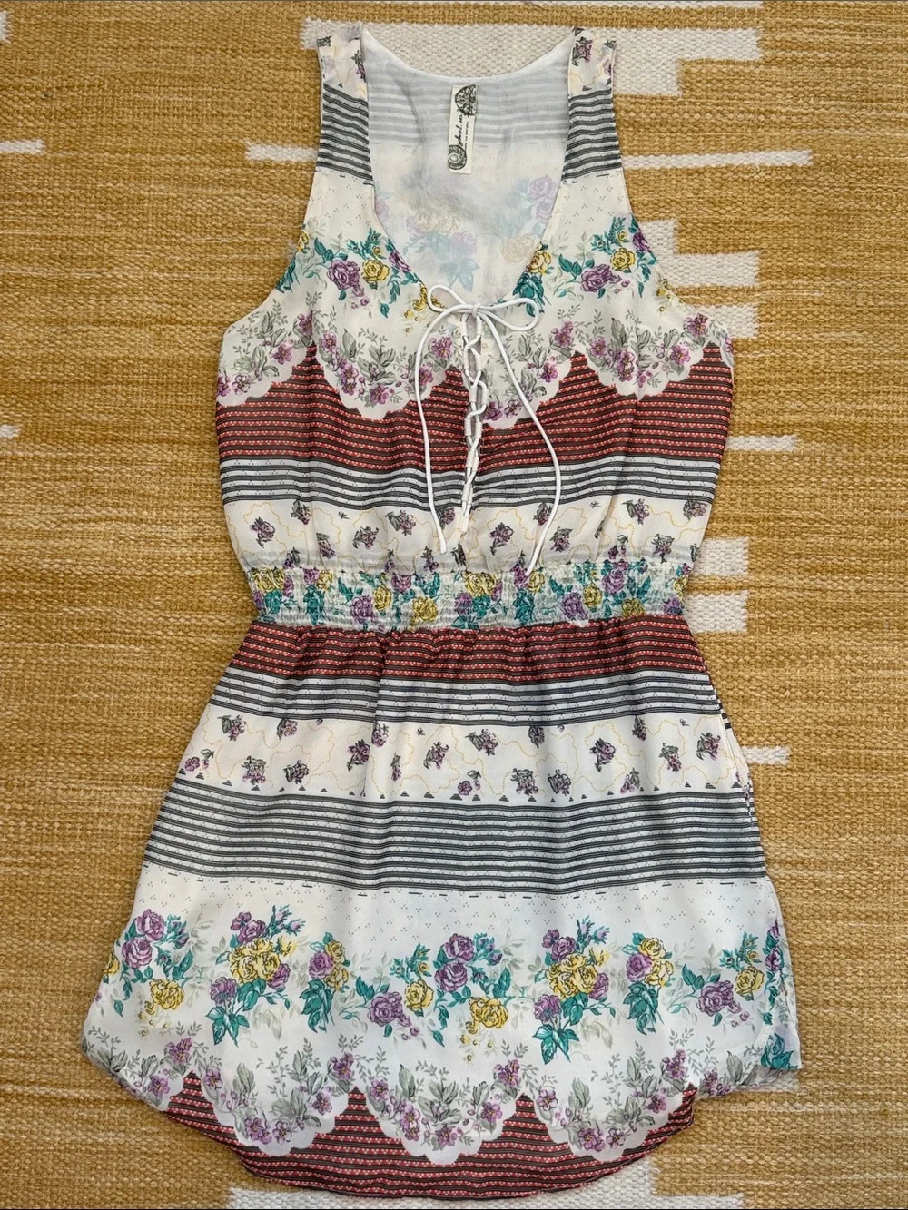 Free People Ivory Floral Stripe Lace-Up Tank Dress with Burgundy Accents